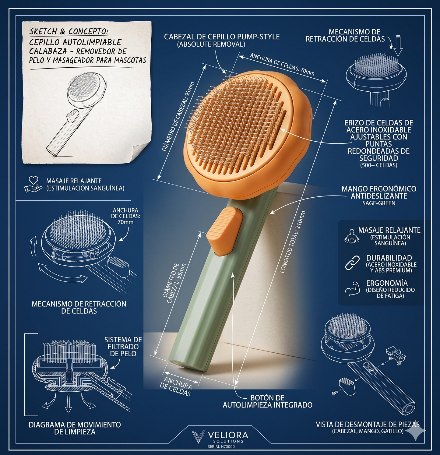 Cepillo Autolimpiable Calabaza - Removedor de Pelo y Masajeador para Mascotas