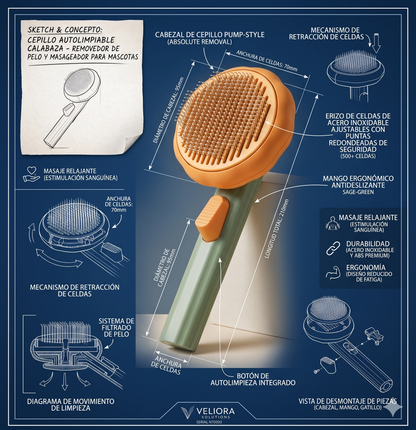 Cepillo Autolimpiable Calabaza - Removedor de Pelo y Masajeador para Mascotas