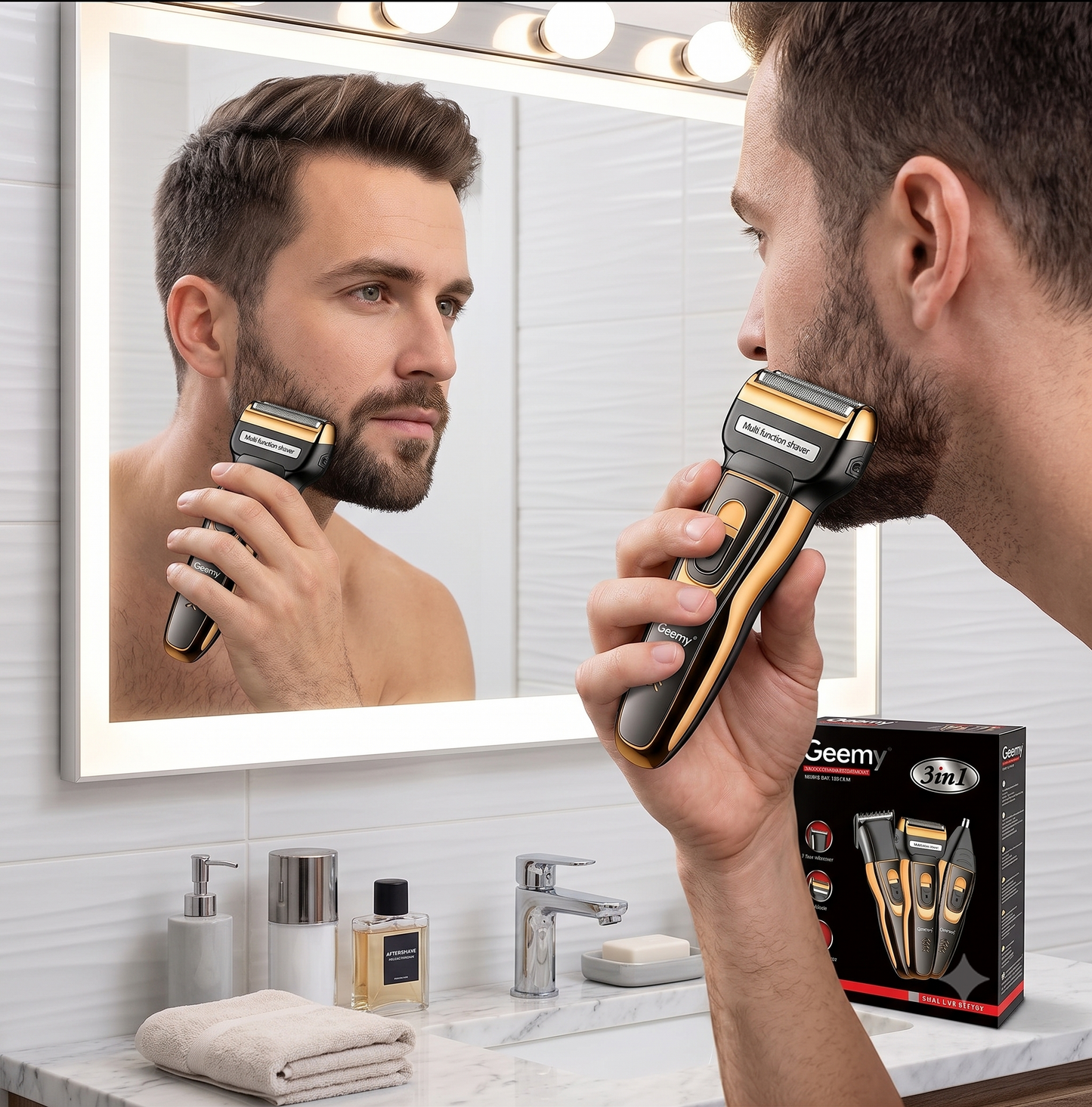 Máquina Multigroomer Geemy 3 en 1 - Recortadora de Barba y Cabello - Afeitadora Inalámbrica Recargable (Dorada))