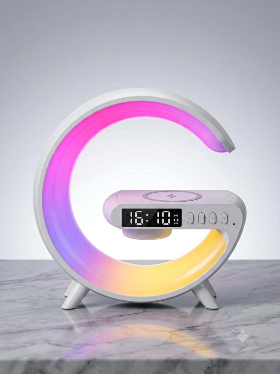 Lámpara de Noche Multifunción 3 en 1 - Parlante Bluetooth y Reloj - Cargador Inalámbrico 15W